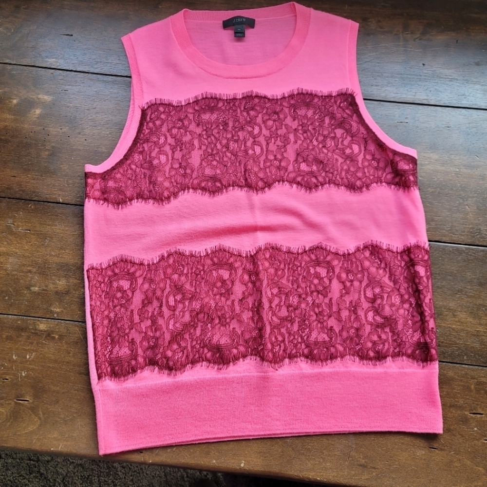 J Crew Merino Wool Sweater Lace Vest Neon Pink Maroon sz M